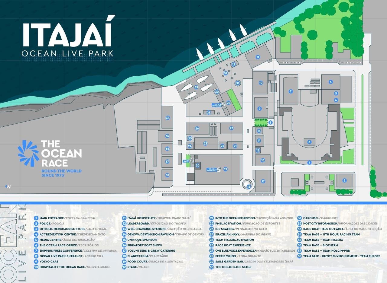 Planta oficial do Ocean Live Park de Itajaí na edição 2023, com 38 pontos numerados: entrada principal, loja oficial, centro de imprensa, hospitalidade, praça de alimentação, palco, planetário, roda gigante, patinação no gelo, bases das equipes e áreas de ativação de patrocinadores