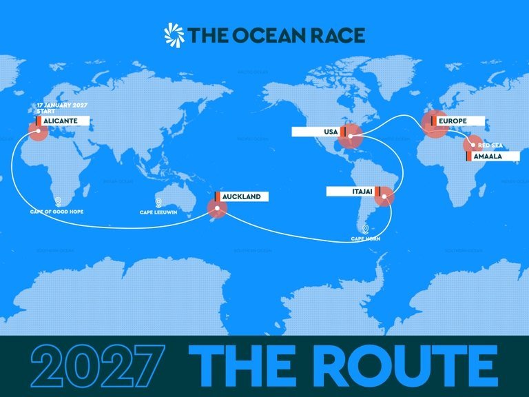 Mapa oficial da rota da The Ocean Race 2027: Alicante, Auckland, Itajaí, Estados Unidos, Europa e Amaala no Mar Vermelho